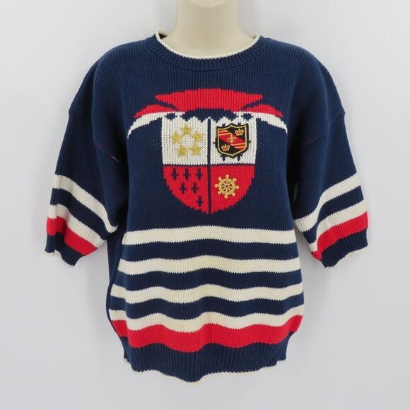 Sweater Loft Womens Medium Red White Blue Stripe Embroidered Crest Sweater Shirt - Picture 10 of 10